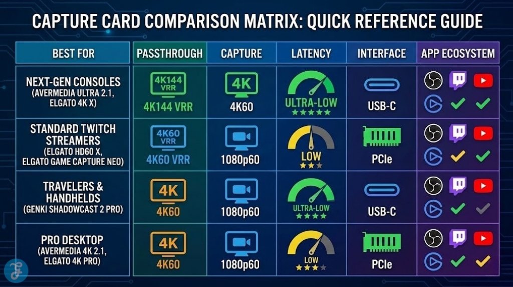 Infographic matrix titled 'CAPTURE CARD COMPARISON MATRIX: QUICK REFERENCE GUIDE' with columns for BEST FOR, PASSTHROUGH, CAPTURE, LATENCY, INTERFACE, and APP ECOSYSTEM, grouping cards into next-gen, standard, portable, and pro categories.