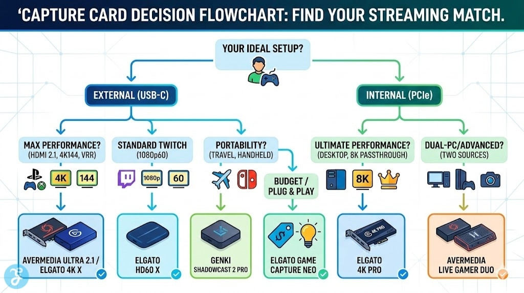 Infographic logic tree/flowchart titled 'CAPTURE CARD DECISION FLOWCHART: FIND YOUR STREAMING MATCH' that helps users select between external/internal cards, max performance vs. standard, portability, and budget based on console streaming needs.