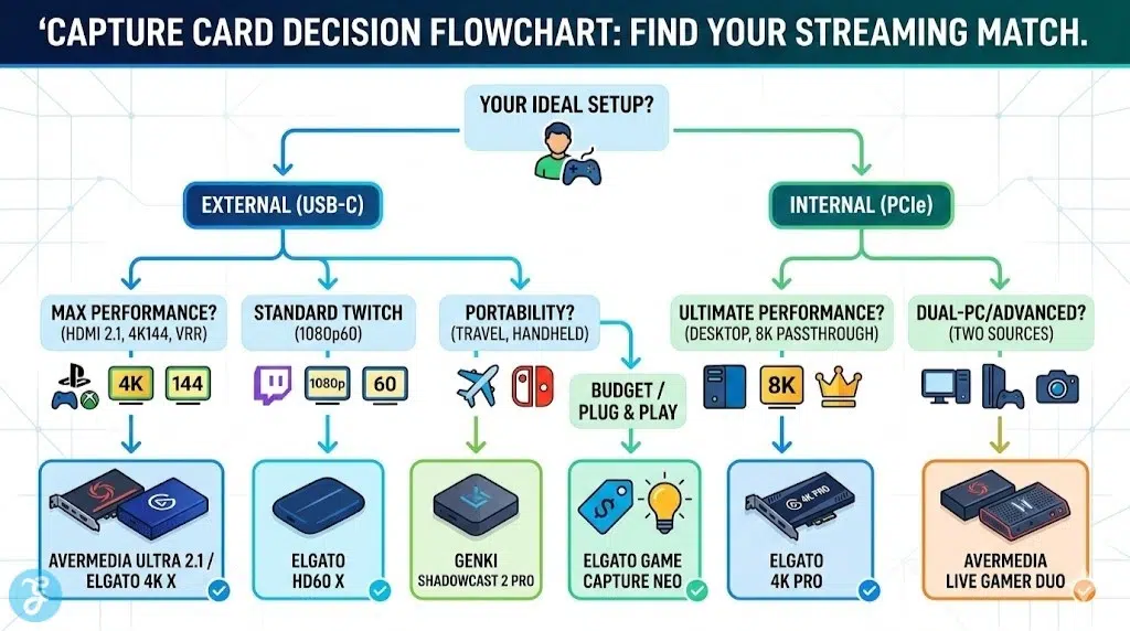 Infographic logic tree/flowchart titled 'CAPTURE CARD DECISION FLOWCHART: FIND YOUR STREAMING MATCH' that helps users select between external/internal cards, max performance vs. standard, portability, and budget based on console streaming needs.