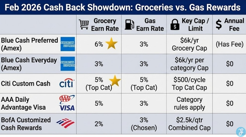 A comparison matrix titled "Feb 2026 Cash Back Showdown". It lists Amex Blue Cash Preferred, Citi Custom Cash, AAA Daily Advantage, and others. Columns show Grocery Rate, Gas Rate, Caps, and Annual Fee. Gold stars highlight the 6% rate for Amex BCP and 5% for Citi Custom Cash.