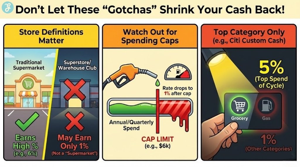 A three-panel infographic titled "Don't Let These 'Gotchas' Shrink Your Cash Back". Panel 1 shows a red X over a Superstore (Store Coding). Panel 2 shows a fuel pump bar turning red after a limit (Spending Caps). Panel 3 shows a spotlight on only one icon (Single Category Limit).
