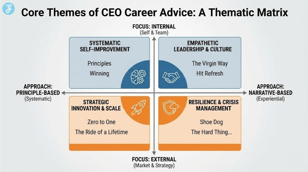 Matrix infographic categorizing CEO career books by core themes like leadership, innovation, and crisis management, based on their internal/external focus and systematic/narrative approach.