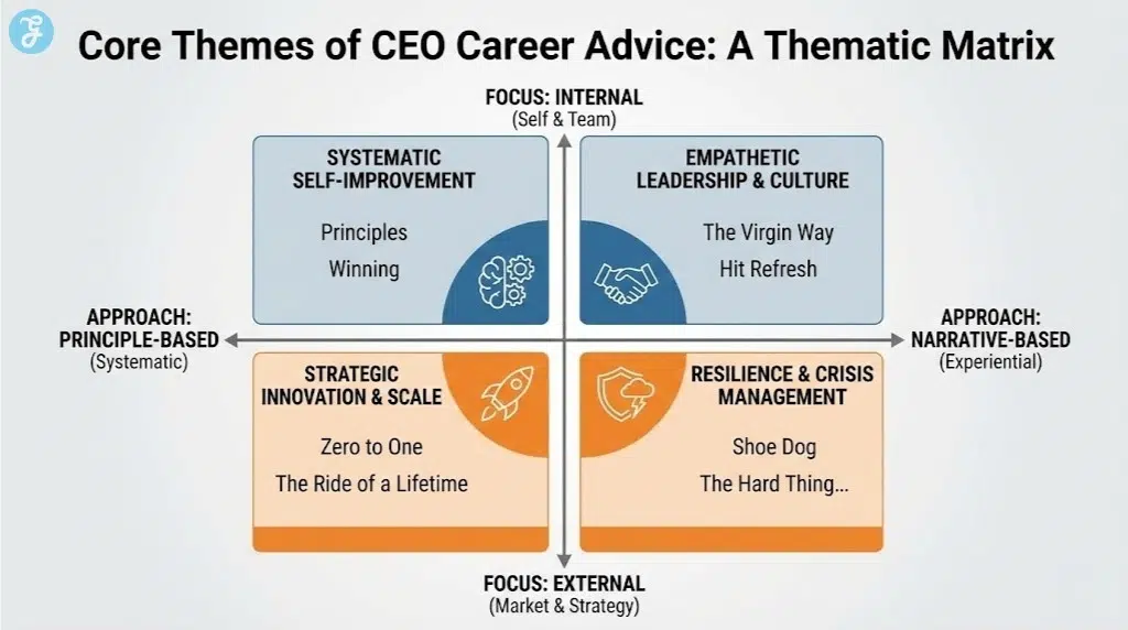 Matrix infographic categorizing CEO career books by core themes like leadership, innovation, and crisis management, based on their internal/external focus and systematic/narrative approach.