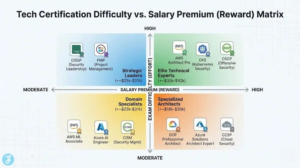 Matrix infographic plotting tech certification difficulty against potential salary premium, categorizing certifications like AWS Architect Pro, CISSP, and PMP into effort-reward quadrants.