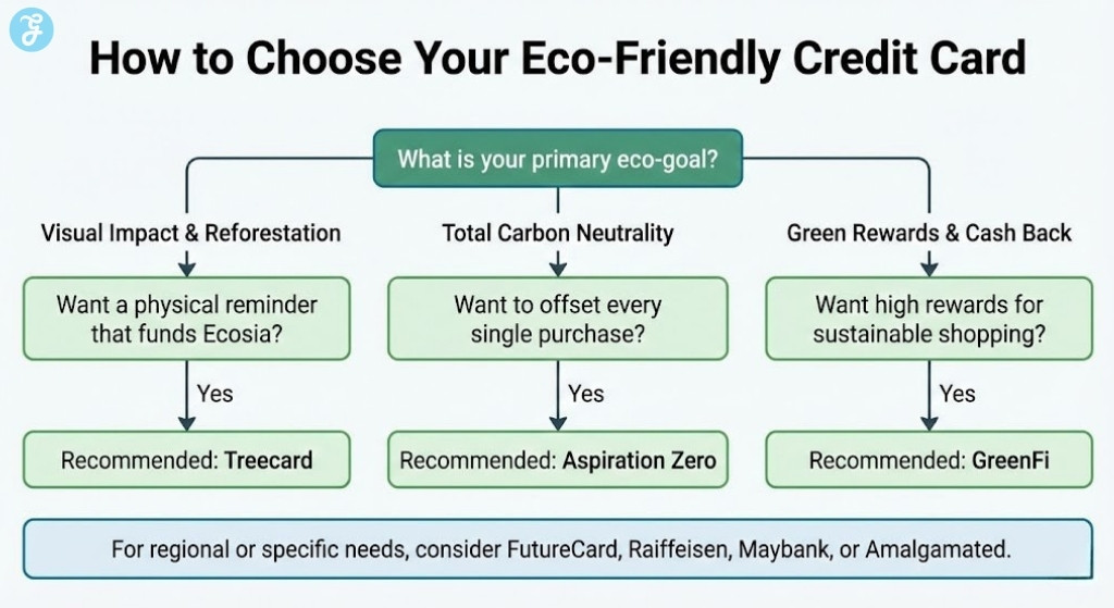 A flowchart infographic helping users choose the best eco-friendly credit card based on their primary goal, such as reforestation, carbon neutrality, or rewards.