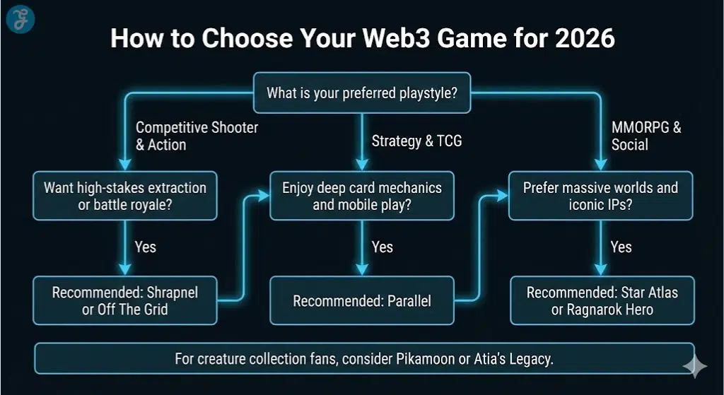A flowchart infographic helping users choose the best Web3 game for 2026 based on their preferred playstyle, such as competitive shooter, strategy, or MMORPG.