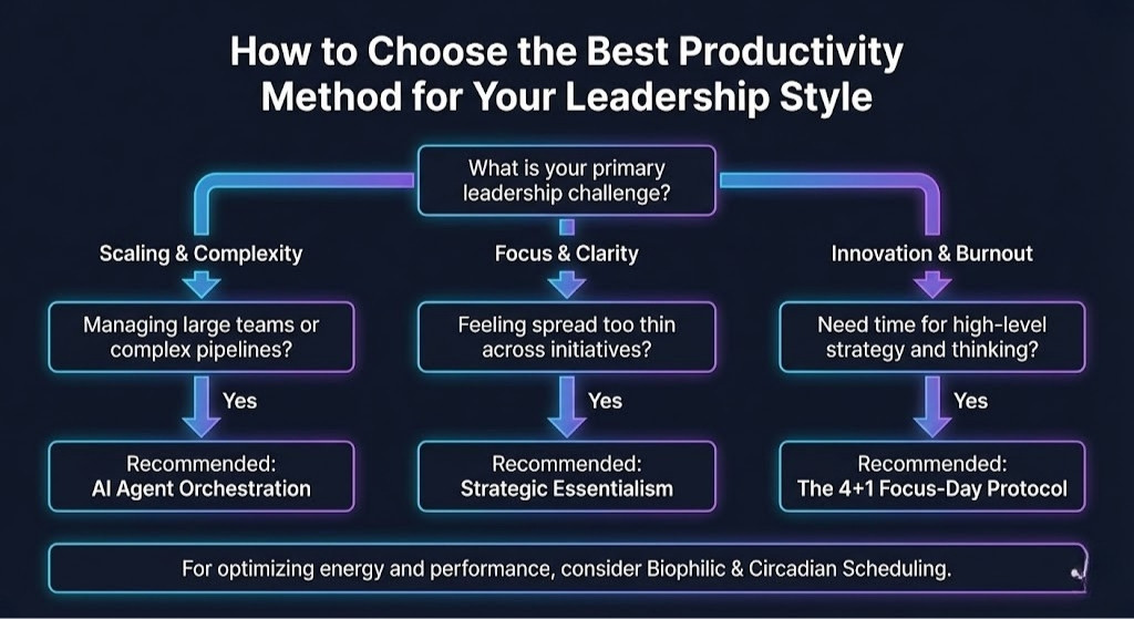 A flowchart infographic helping executives choose the best productivity method based on their leadership challenges, such as scaling, focus, or innovation.