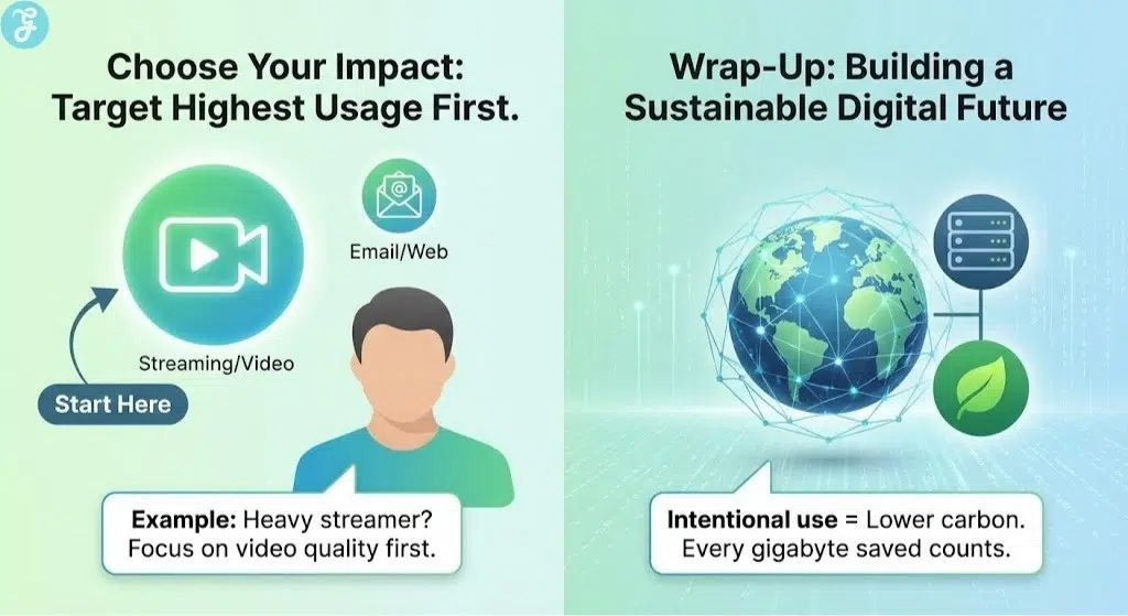 Conceptual infographic showing a user prioritizing their high-impact digital activities, like streaming, for carbon reduction, next to a global network illustrating the collective impact of intentional, sustainable digital use.