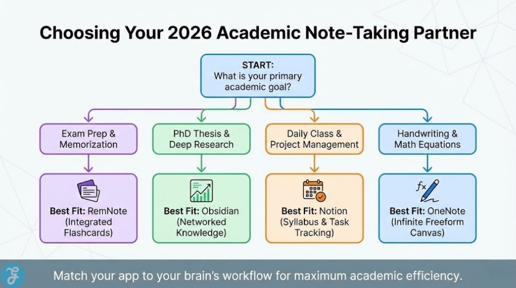 A decision-tree infographic titled 'Choosing Your 2026 Academic Note-Taking Partner' that helps students select the best app (e.g., RemNote, Obsidian, Notion, OneNote) based on their primary goal, such as exam prep, deep research, or project management.