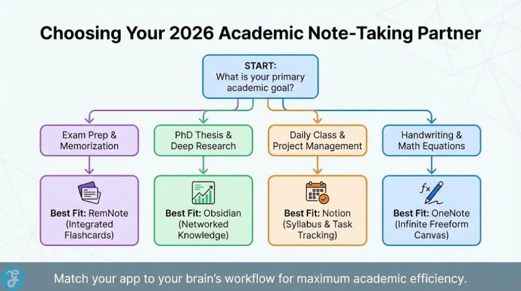 A decision-tree infographic titled 'Choosing Your 2026 Academic Note-Taking Partner' that helps students select the best app (e.g., RemNote, Obsidian, Notion, OneNote) based on their primary goal, such as exam prep, deep research, or project management.