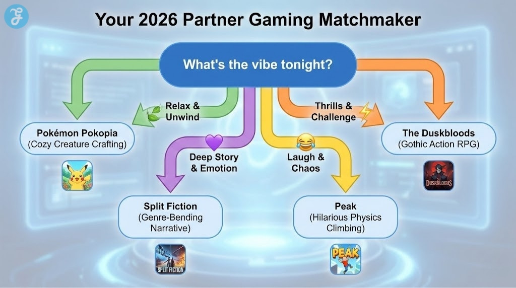 A decision-tree infographic titled 'Your 2026 Partner Gaming Matchmaker', helping couples choose games like Pokémon Pokopia, The Duskbloods, Split Fiction, or Peak based on their mood for relaxation, challenge, story, or laughter.