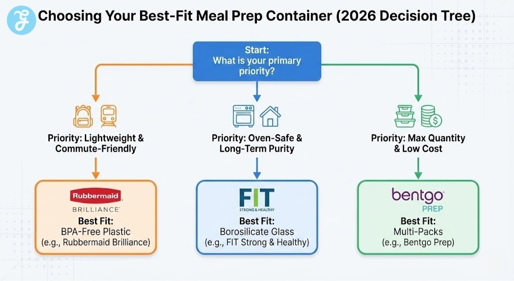 A decision tree infographic titled 'Choosing Your Best-Fit Meal Prep Container (2026 Decision Tree)', guiding users from their primary priority (Lightweight, Oven-Safe, Max Quantity) to the best-fit container material (BPA-Free Plastic, Borosilicate Glass, Multi-Packs) with example brands like Rubbermaid Brilliance, FIT Strong & Healthy, and Bentgo Prep.