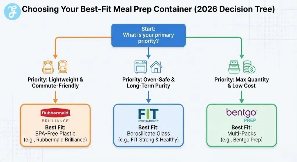 A decision tree infographic titled 'Choosing Your Best-Fit Meal Prep Container (2026 Decision Tree)', guiding users from their primary priority (Lightweight, Oven-Safe, Max Quantity) to the best-fit container material (BPA-Free Plastic, Borosilicate Glass, Multi-Packs) with example brands like Rubbermaid Brilliance, FIT Strong & Healthy, and Bentgo Prep.