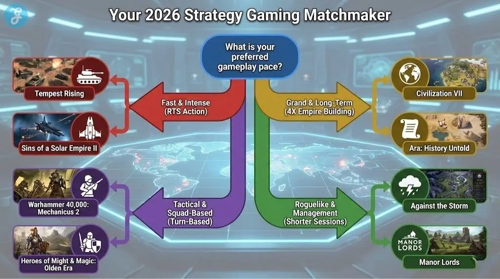 A decision-tree infographic titled 'Your 2026 Strategy Gaming Matchmaker' that helps users select a PC strategy game (e.g., Tempest Rising, Civilization VII, Mechanicus 2) based on their preferred pace, such as Fast & Intense, Grand & Long-Term, or Tactical & Squad-Based.