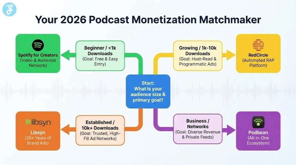 A decision-tree infographic titled 'Your 2026 Podcast Monetization Matchmaker' that helps podcasters select a hosting platform (e.g., Spotify for Creators, RedCircle, Libsyn, Podbean) based on their audience size and revenue goals, such as ads or private feeds.