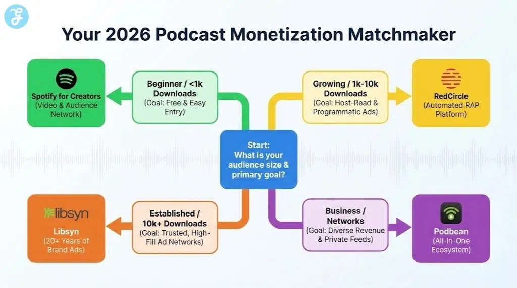 A decision-tree infographic titled 'Your 2026 Podcast Monetization Matchmaker' that helps podcasters select a hosting platform (e.g., Spotify for Creators, RedCircle, Libsyn, Podbean) based on their audience size and revenue goals, such as ads or private feeds.