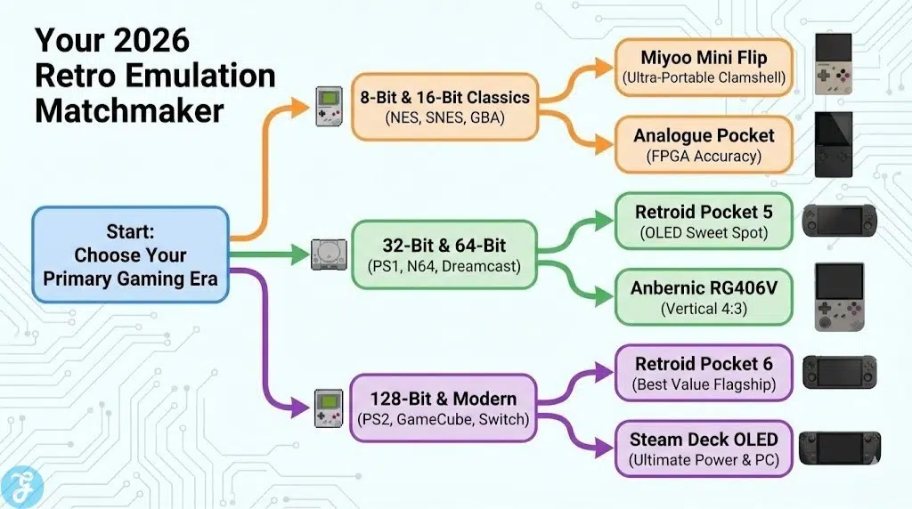 A decision-tree infographic titled 'Your 2026 Retro Emulation Matchmaker' that helps users select a handheld console (e.g., Miyoo Mini Flip, Retroid Pocket 6, Steam Deck OLED) based on their preferred gaming era (8-bit, 32-bit, or 128-bit).