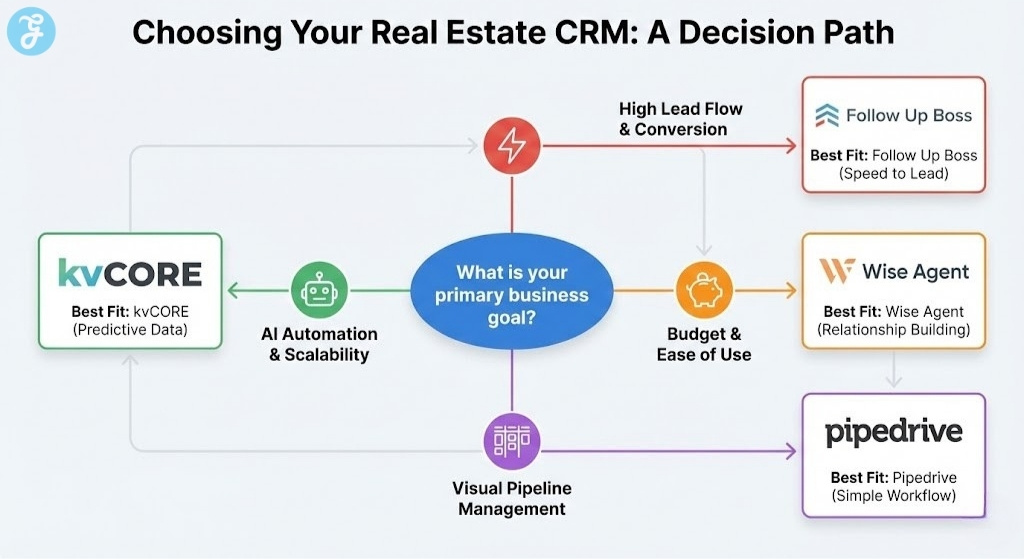 A decision tree infographic for real estate agents to choose a CRM, with paths for high lead flow, budget and ease, visual pipeline, and AI automation, leading to Follow Up Boss, Wise Agent, Pipedrive, and kvCORE, respectively.