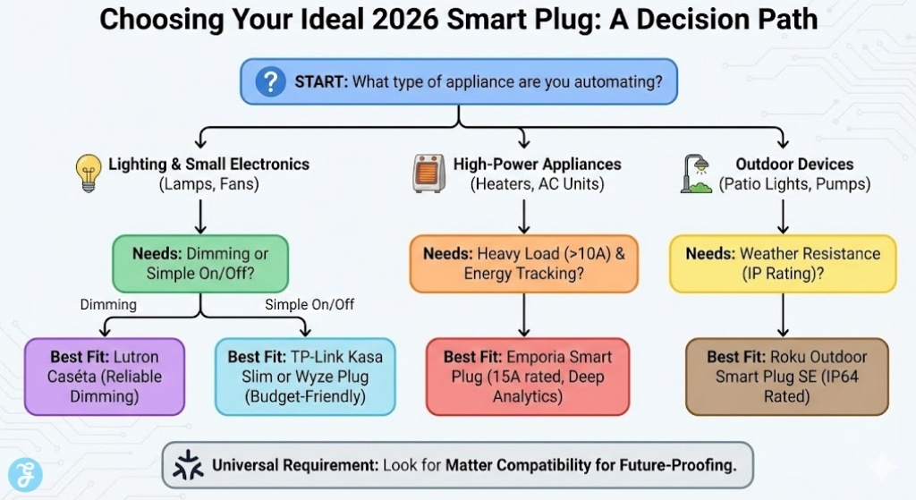 A decision-tree infographic titled 'Choosing Your Ideal 2026 Smart Plug', guiding users to the best smart plug recommendation (Lutron, Kasa, Emporia, Roku) based on appliance type, load requirements, and desired features like dimming or energy tracking.