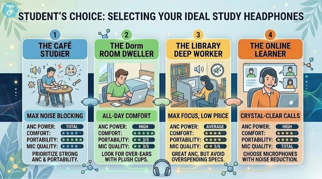 A detailed, professional 16:9 landscape infographic performance matrix and buyer's guide labeled 'STUDENT’S CHOICE: SELECTING YOUR IDEAL STUDY HEADPHONES'. It features four horizontal, color-coded panels (Blue, Green, Yellow/Orange, Orange) representing user profiles: THE CAFÉ STUDIER, THE Dorm ROOM DWELLER, THE LIBRARY DEEP WORKER, THE ONLINE LEARNER. Each panel has bold icons and a Feature Comparison Matrix with checkmarks and ratings for ANC POWER, ALL-DAY COMFORT, MICROPHONE QUALITY, and BATTERY LIFE. Text organized by bold headers. Modern digital style with glowing accents.