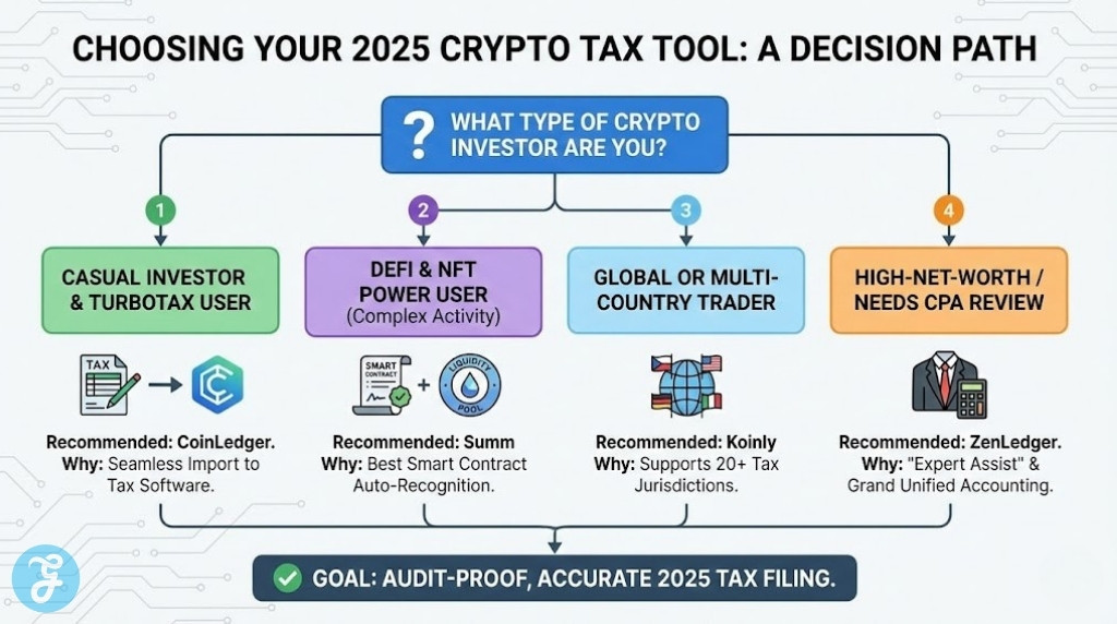 Flowchart infographic titled "Choosing Your 2025 Crypto Tax Tool: A Decision Path." It guides users from the question "What Type of Crypto Investor Are You?" to one of four recommended software options (CoinLedger, Summ, Koinly, ZenLedger) based on their profile (Casual, DeFi Power User, Global Trader, High-Net-Worth), with a final goal of an "Audit-Proof, Accurate 2025 Tax Filing."