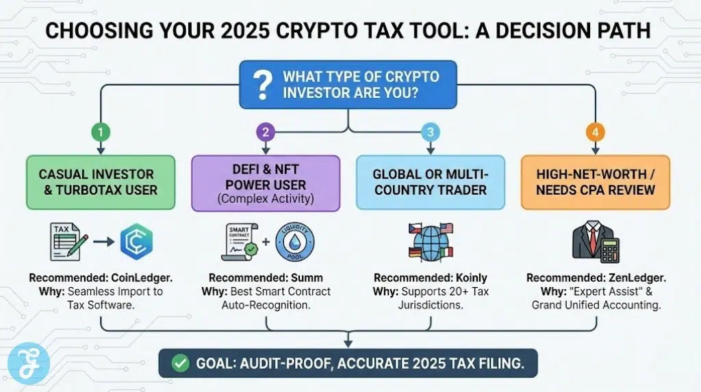 Flowchart infographic titled "Choosing Your 2025 Crypto Tax Tool: A Decision Path." It guides users from the question "What Type of Crypto Investor Are You?" to one of four recommended software options (CoinLedger, Summ, Koinly, ZenLedger) based on their profile (Casual, DeFi Power User, Global Trader, High-Net-Worth), with a final goal of an "Audit-Proof, Accurate 2025 Tax Filing."