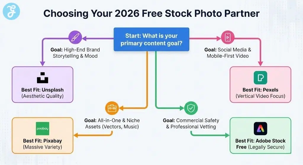A flowchart infographic titled 'Choosing Your 2026 Free Stock Photo Partner', guiding users from their primary content goal (brand storytelling, social media, niche assets, or commercial safety) to the best-fit stock photo site recommendations like Unsplash, Pexels, Pixabay, and Adobe Stock Free.