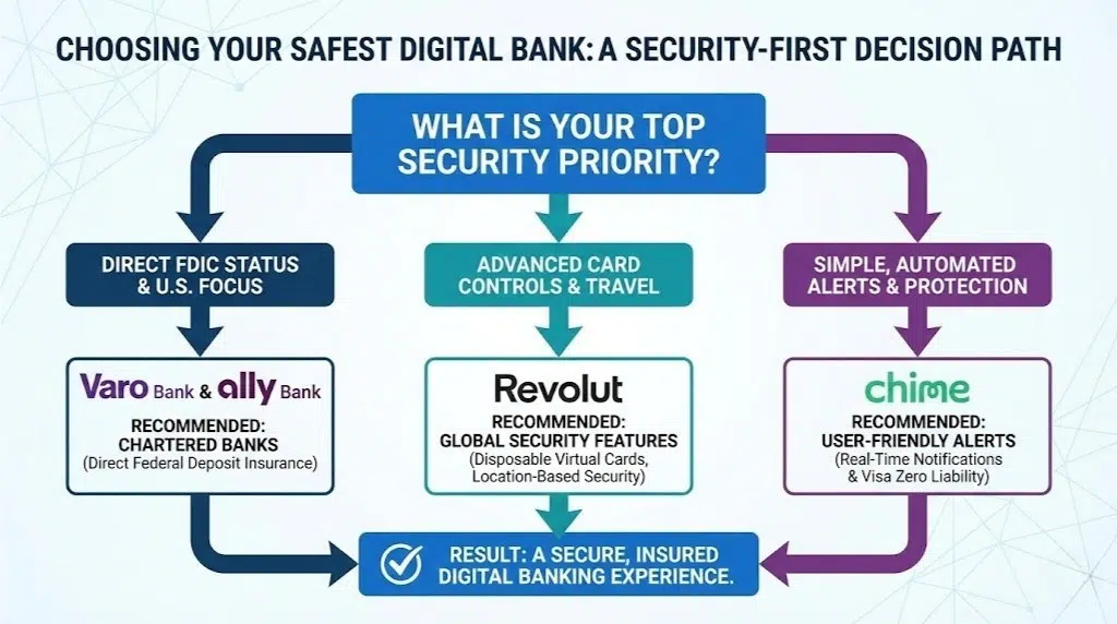 A decision flowchart infographic titled "Choosing Your Safest Digital Bank: A Security-First Decision Path". It guides users from the question "What is your top security priority?" to one of three recommended bank types (Chartered Banks like Varo/Ally, Global Security like Revolut, or User-Friendly Alerts like Chime) based on their specific needs.
