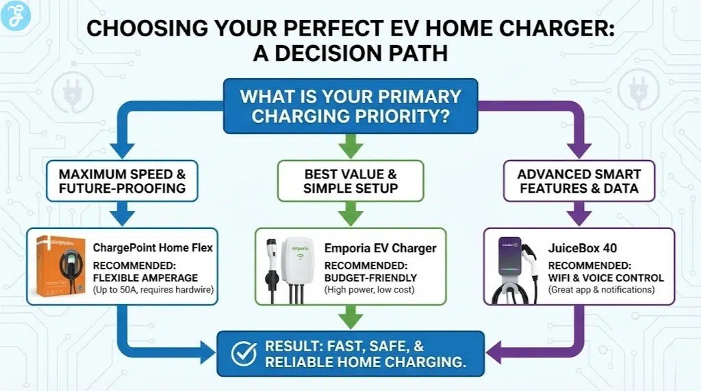 A decision flowchart infographic titled "Choosing Your Perfect EV Home Charger: A Decision Path". It guides users from the question "What is your primary charging priority?" to one of three recommended chargers (ChargePoint for speed, Emporia for value, JuiceBox for smart features) based on their specific needs.