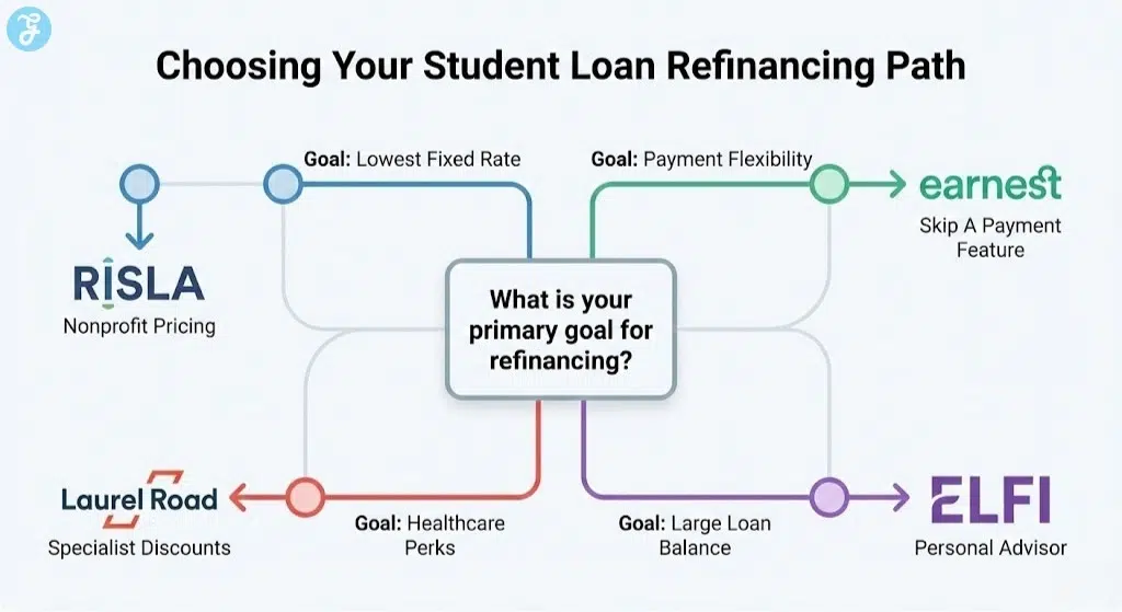 A flowchart infographic guiding users to the best student loan refinancing option based on their primary financial goal.