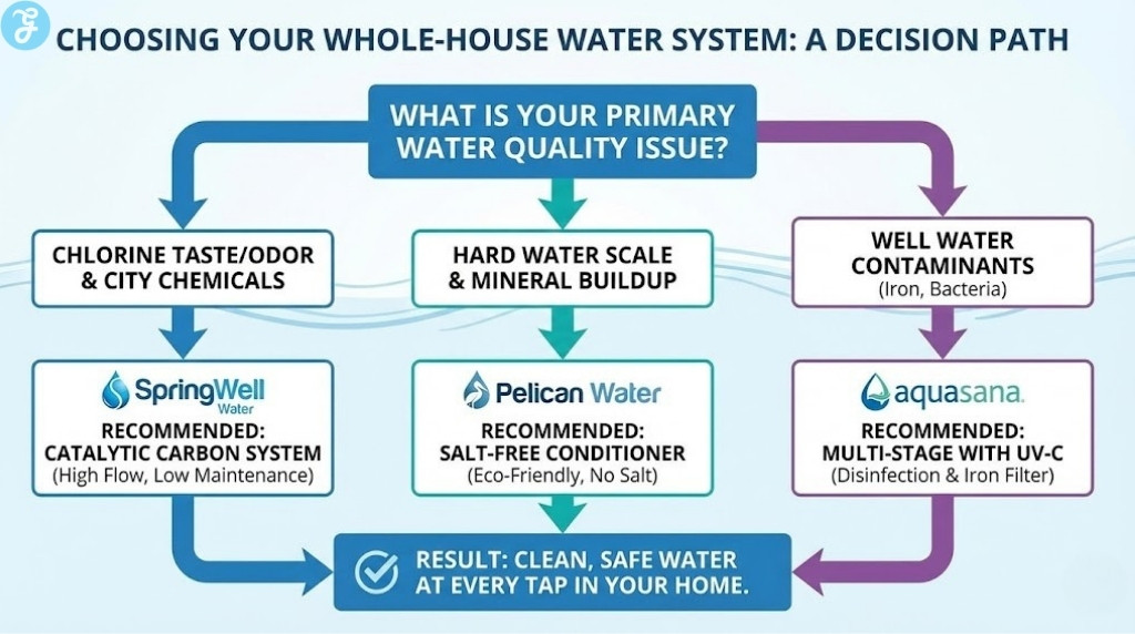 A decision flowchart infographic titled "Choosing Your Whole-House Water System: A Decision Path". It guides users from the question "What is your primary water quality issue?" to one of three recommended systems (SpringWell for chlorine, Pelican for hard water, Aquasana for well water contaminants) based on their specific problem.