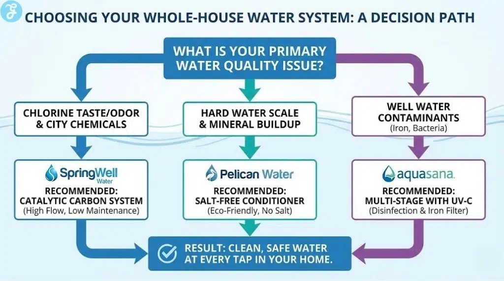A decision flowchart infographic titled "Choosing Your Whole-House Water System: A Decision Path". It guides users from the question "What is your primary water quality issue?" to one of three recommended systems (SpringWell for chlorine, Pelican for hard water, Aquasana for well water contaminants) based on their specific problem.