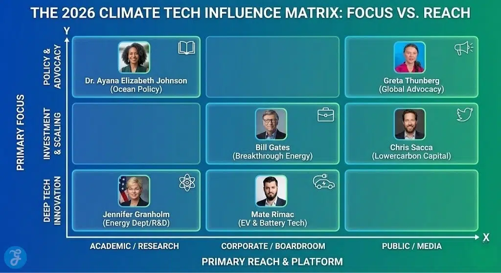 A 16:9 matrix infographic titled "The 2026 Climate Tech Influence Matrix: Focus vs. Reach." The vertical axis is "Primary Focus" (Policy, Investment, Innovation) and the horizontal axis is "Primary Reach & Platform" (Academic, Corporate, Public). Photos and names of influencers like Greta Thunberg, Bill Gates, and Dr. Ayana Elizabeth Johnson are placed in their respective quadrants.