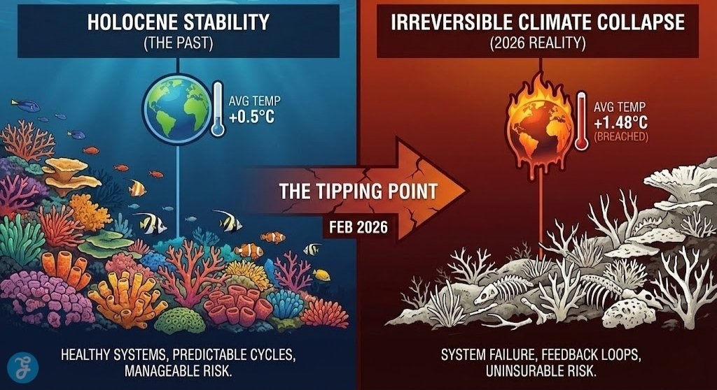 A split-screen infographic titled "Holocene Stability" vs. "Irreversible Climate Collapse." The left side shows a vibrant, colorful coral reef at +0.5°C; the right side shows a bleached, skeletal reef at +1.48°C, separated by an arrow marking "The Tipping Point Feb 2026."