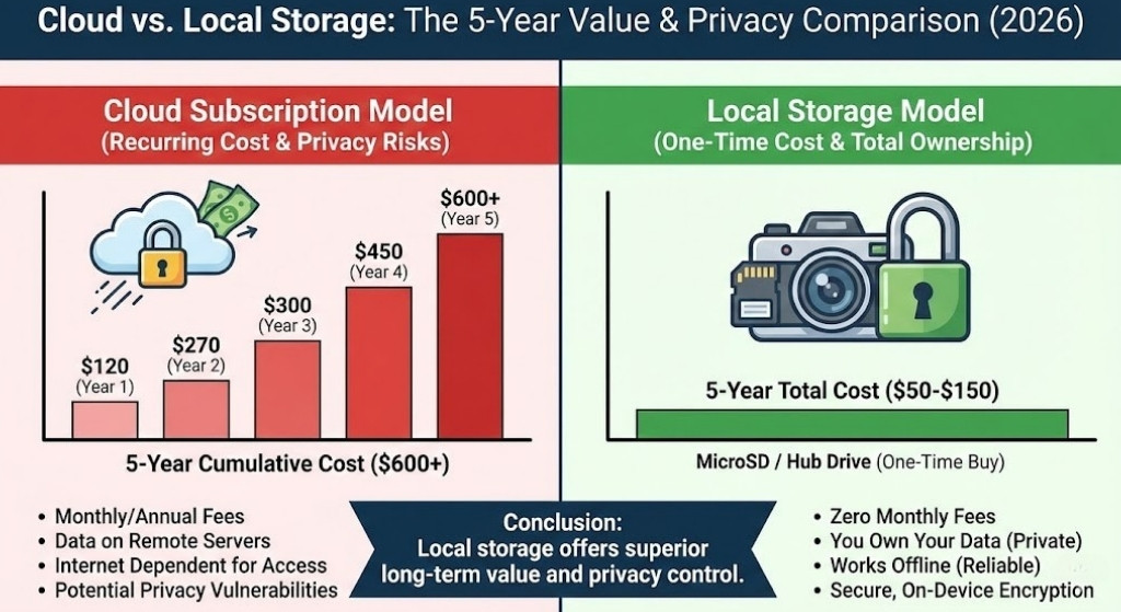 An infographic comparing the 'Cloud Subscription Model' and 'Local Storage Model' for security cameras, showing the cumulative 5-year cost of cloud fees versus the one-time cost of local hardware, highlighting privacy and value benefits.