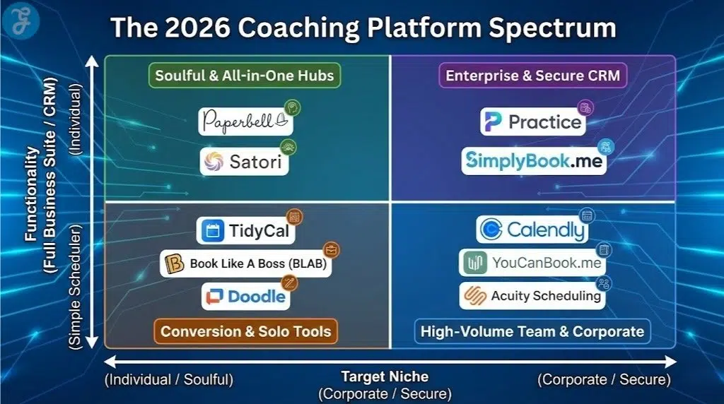 A visual matrix infographic titled 'The 2026 Coaching Platform Spectrum', plotting apps like Paperbell, Calendly, and Practice based on their Functionality (Full Business Suite vs. Simple Scheduler) and Target Niche (Individual vs. Corporate).