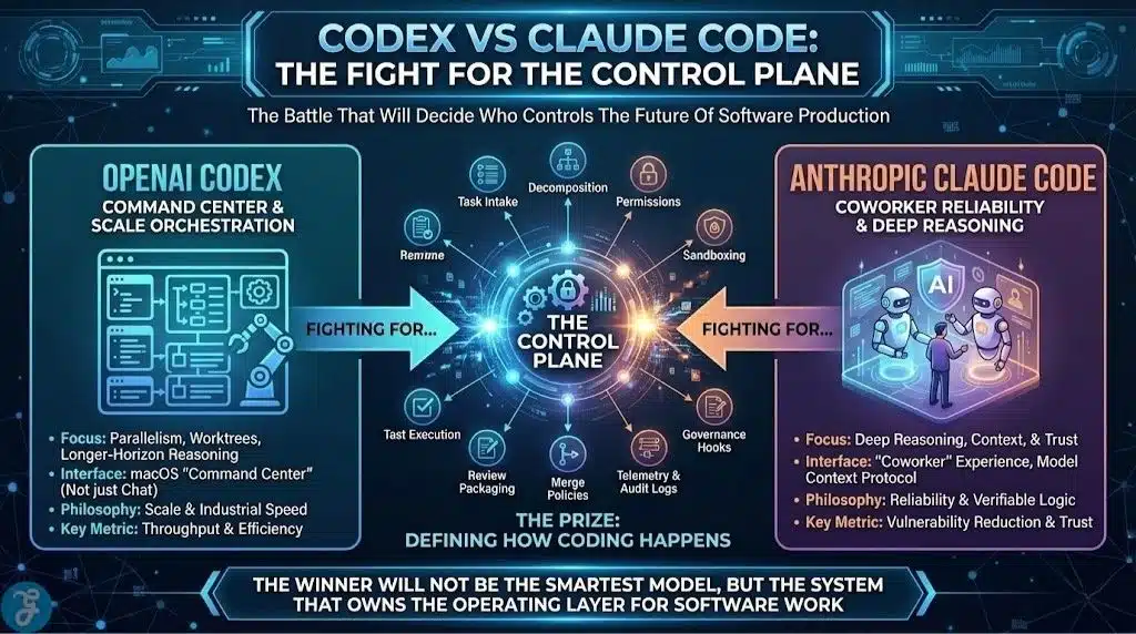 A 1280x720 professional infographic illustrating the battle between OpenAI Codex and Anthropic Claude Code for the "Control Plane." It features a central hub representing task intake, permissions, and merge policies, with Codex highlighted as a scale-focused macOS command center and Claude Code emphasized for coworker reliability and deep reasoning.