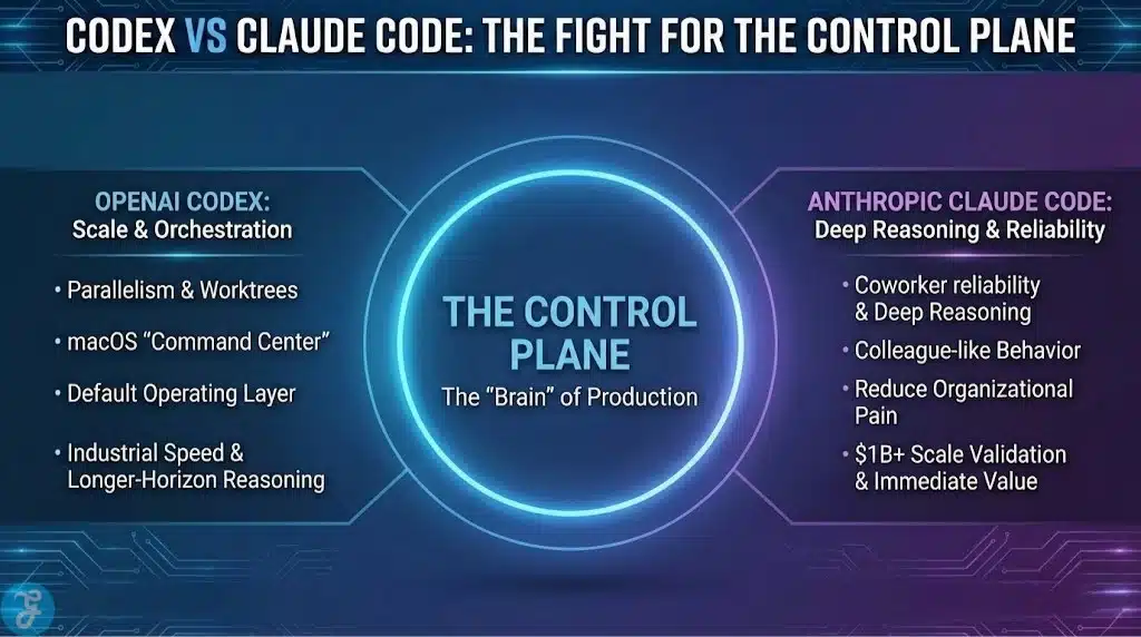 A 1280x720 infographic comparing OpenAI Codex and Anthropic Claude Code. The design is simplified, showing Codex's focus on scale and macOS orchestration on the left and Claude Code's focus on reasoning and reliability on the right. Both point toward a central "Control Plane" circle representing the operating layer for software production.