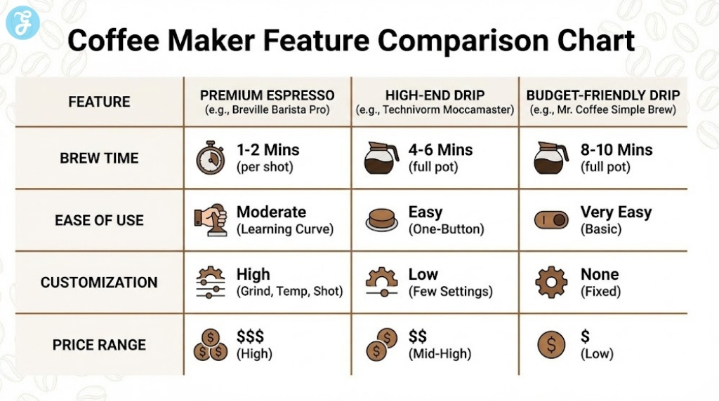 A table titled "Coffee Maker Feature Comparison Chart". It compares "PREMIUM ESPRESSO", "HIGH-END DRIP", and "BUDGET-FRIENDLY DRIP" across four features: "BREW TIME" (e.g., 1-2 Mins vs. 4-6 Mins vs. 8-10 Mins), "EASE OF USE" (Moderate vs. Easy vs. Very Easy), "CUSTOMIZATION" (High vs. Low vs. None), and "PRICE RANGE" (