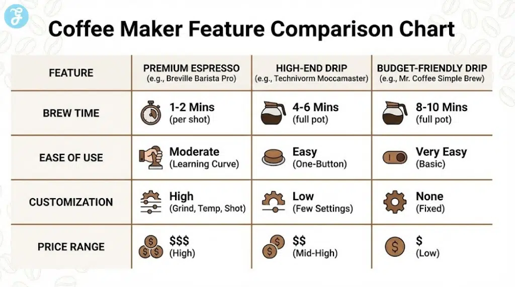 A table titled "Coffee Maker Feature Comparison Chart". It compares "PREMIUM ESPRESSO", "HIGH-END DRIP", and "BUDGET-FRIENDLY DRIP" across four features: "BREW TIME" (e.g., 1-2 Mins vs. 4-6 Mins vs. 8-10 Mins), "EASE OF USE" (Moderate vs. Easy vs. Very Easy), "CUSTOMIZATION" (High vs. Low vs. None), and "PRICE RANGE" (