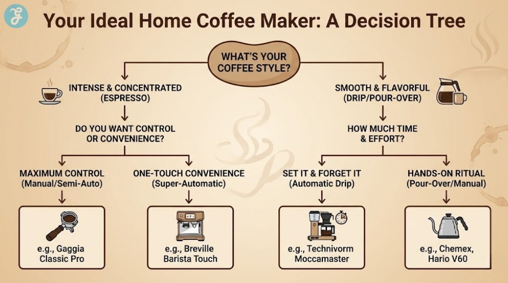 A flowchart titled "Your Ideal Home Coffee Maker: A Decision Tree". It starts with "WHAT'S YOUR COFFEE STYLE?" and branches into "INTENSE & CONCENTRATED (ESPRESSO)" and "SMOOTH & FLAVORFUL (DRIP/POUR-OVER)". The espresso branch further divides based on "CONTROL OR CONVENIENCE", leading to "MAXIMUM CONTROL (Manual/Semi-Auto)" (e.g., Gaggia Classic Pro) and "ONE-TOUCH CONVENIENCE (Super-Automatic)" (e.g., Breville Barista Touch). The drip branch divides based on "TIME & EFFORT", leading to "SET IT & FORGET IT (Automatic Drip)" (e.g., Technivorm Moccamaster) and "HANDS-ON RITUAL (Pour-Over/Manual)" (e.g., Chemex, Hario V60). Each path has relevant icons.