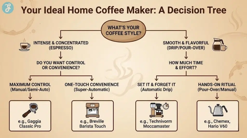 A flowchart titled "Your Ideal Home Coffee Maker: A Decision Tree". It starts with "WHAT'S YOUR COFFEE STYLE?" and branches into "INTENSE & CONCENTRATED (ESPRESSO)" and "SMOOTH & FLAVORFUL (DRIP/POUR-OVER)". The espresso branch further divides based on "CONTROL OR CONVENIENCE", leading to "MAXIMUM CONTROL (Manual/Semi-Auto)" (e.g., Gaggia Classic Pro) and "ONE-TOUCH CONVENIENCE (Super-Automatic)" (e.g., Breville Barista Touch). The drip branch divides based on "TIME & EFFORT", leading to "SET IT & FORGET IT (Automatic Drip)" (e.g., Technivorm Moccamaster) and "HANDS-ON RITUAL (Pour-Over/Manual)" (e.g., Chemex, Hario V60). Each path has relevant icons.