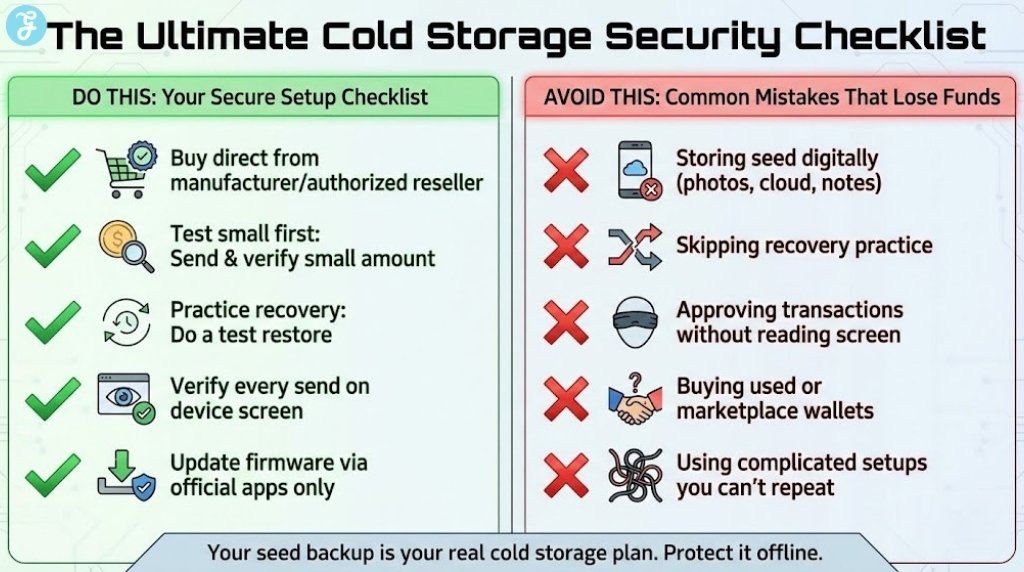 A triptych checklist titled "The Ultimate Cold Storage Security Checklist". The left green panel lists "DO THIS" (e.g., Test small first, Verify on screen). The right red panel lists "AVOID THIS" (e.g., Digital seed storage, Buying used). A footer reminder says "Your seed backup is your real cold storage plan."