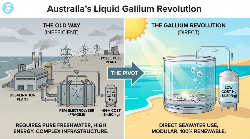 A professional split-screen infographic comparing traditional hydrogen electrolysis (complex, high-cost) with Australia’s Liquid Gallium Revolution (direct seawater, modular, low-cost).