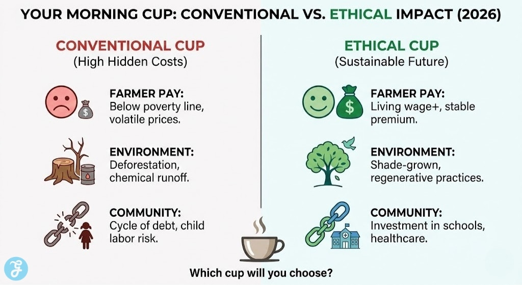 A 16:9 split-screen infographic titled "Your Morning Cup: Conventional vs. Ethical Impact (2026)." The left side, in red, shows "Conventional Cup (High Hidden Costs)" with negative impacts on farmer pay, environment, and community. The right side, in green, shows "Ethical Cup (Sustainable Future)" with positive impacts in the same areas. A central coffee cup asks "Which cup will you choose?".