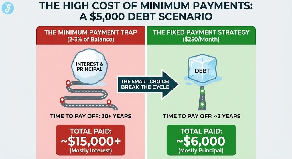 A 16:9 comparison infographic titled "The High Cost of Minimum Payments: A $5,000 Debt Scenario." The left side (red) shows the "Minimum Payment Trap" with a growing snowball of debt, taking 30+ years and costing ~$15,000+. The right side (green) shows a "Fixed Payment Strategy" with a shrinking ice block of debt, taking ~2 years and costing ~$6,000.