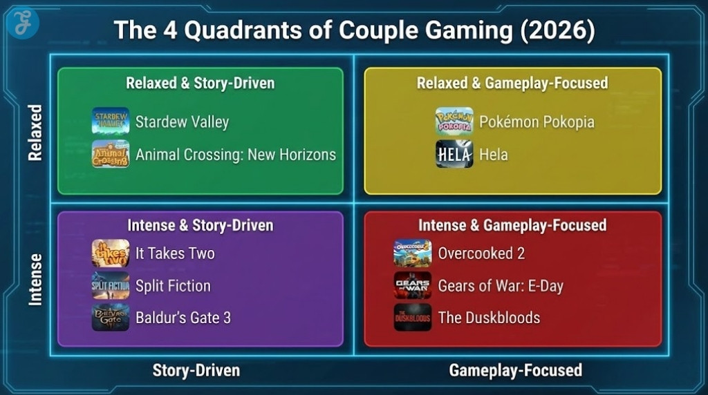 A 2x2 matrix infographic categorized as 'The 4 Quadrants of Couple Gaming (2026)', plotting games like Stardew Valley, It Takes Two, and Overcooked 2 based on whether they are Relaxed or Intense, and Story-Driven or Gameplay-Focused.