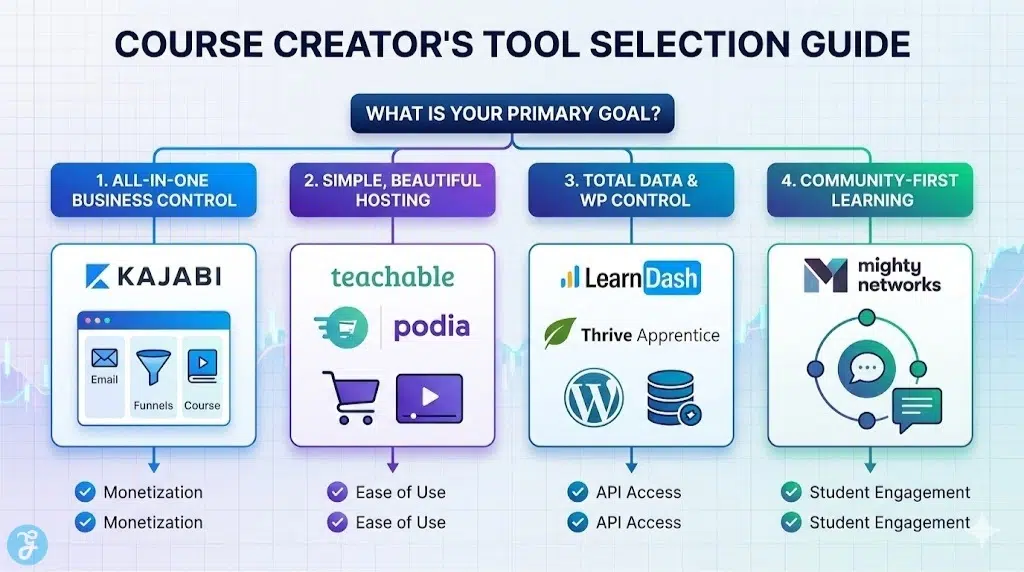 Infographic titled 'COURSE CREATOR'S TOOL SELECTION GUIDE' helping users choose tools based on primary goals: All-in-One Business Control (Kajabi), Simple Hosting (Teachable, Podia), Total Data/WP Control (LearnDash, Thrive), or Community-First Learning (Mighty Networks), with feature checkmarks.