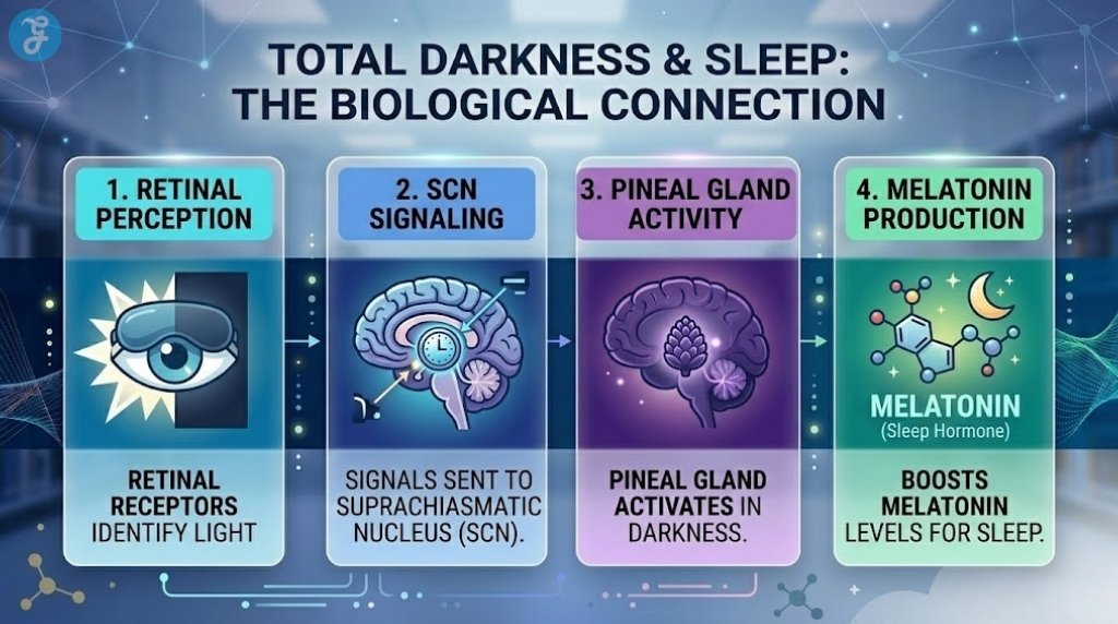 A 16:9 professional landscape infographic titled 'TOTAL DARKNESS & SLEEP: THE BIOLOGICAL CONNECTION'. Four distinct numbered panels explain the process from RETINAL PERCEPTION to brain signaling (SCN and Pineal Gland), and finally to boosted MELATONIN PRODUCTION. The style uses deep blues and purples with modern icons and glowing accents.