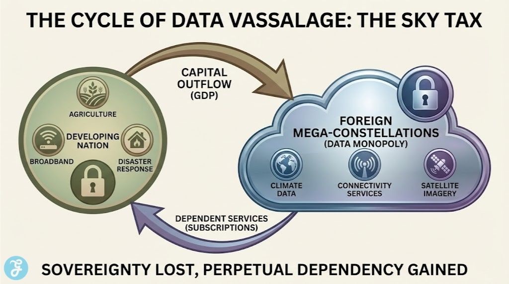 Infographic illustrating the cycle of data vassalage in orbital coloniality, where developing nations pay a "sky tax" of capital outflow for dependent services from foreign monopolies.